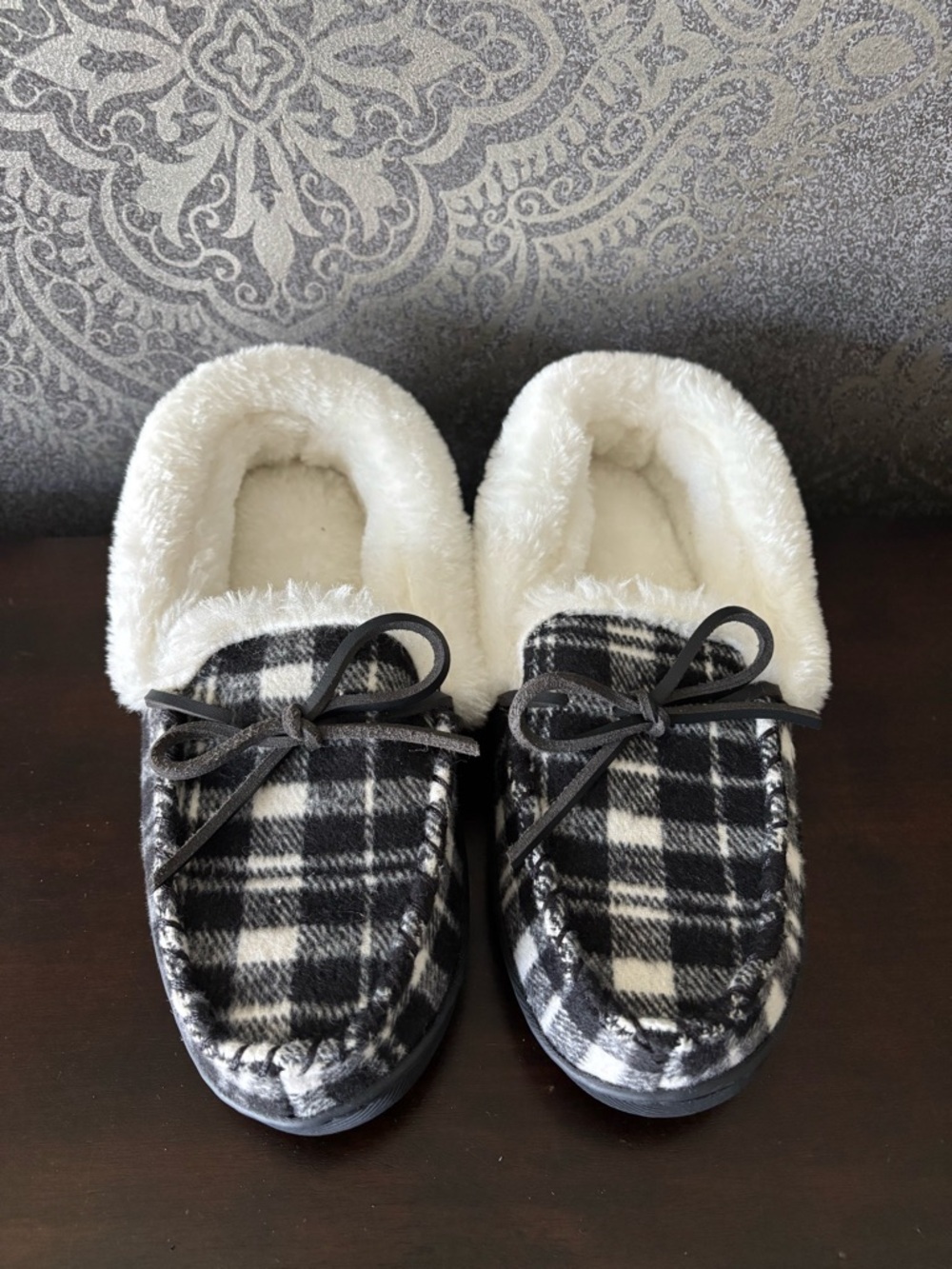 NWOT Sonoma Black and White Plaid Fleece-Lined Moccasin Slippers